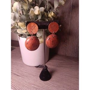 Wood Dangle Earring Cirlce Round 2.5" Long Clip on